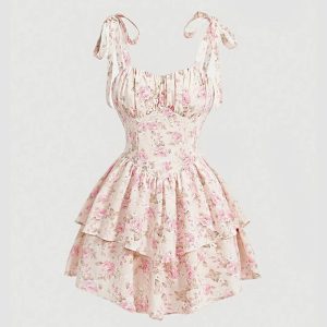 Sweetheart Neckline Ruched Bust Floral Dress With Shoulder Ties
