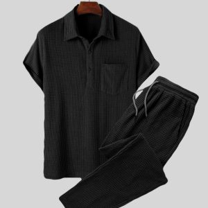 Set Of Two : Black Short Sleeve Knit Shirt with Drawstring Pocket  Pant