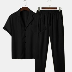 Two Piece Outfit Casual Basic Short Sleeved Button Up Shirt & Straight Leg Pant In Black