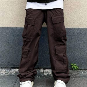 Fashion Multi Pocket Casual Breathable Baggy Cargo Pants In Dark Brown