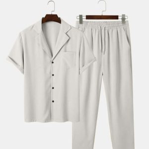 Two Piece Outfit Casual Basic Short Sleeved Button Up Shirt & Straight Leg Pant In Grey