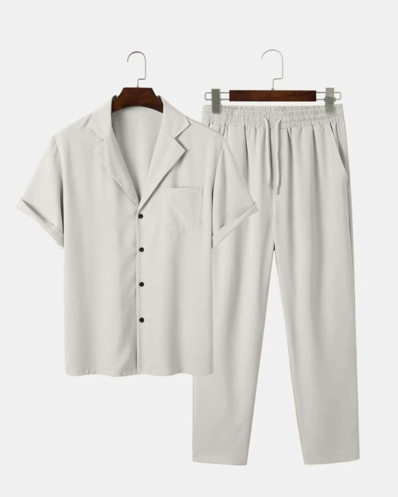 Two Piece Outfit Casual Basic Short Sleeved Button Up Shirt & Straight Leg Pant In Grey