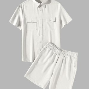 Basic Front Flap Pocket Cream Shirt & Drawstring Waist Shorts Set