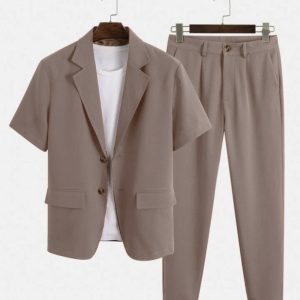 Solid Color Autumn Streetwear Short Sleeve Blazer & Pants In Brown