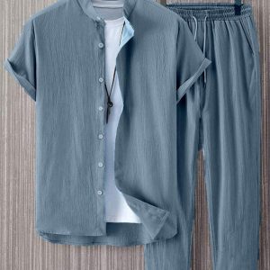 Two Piece Outfits Summer Comfortable Casual Short Sleeves Shirt And Pant In Blue Without Tee