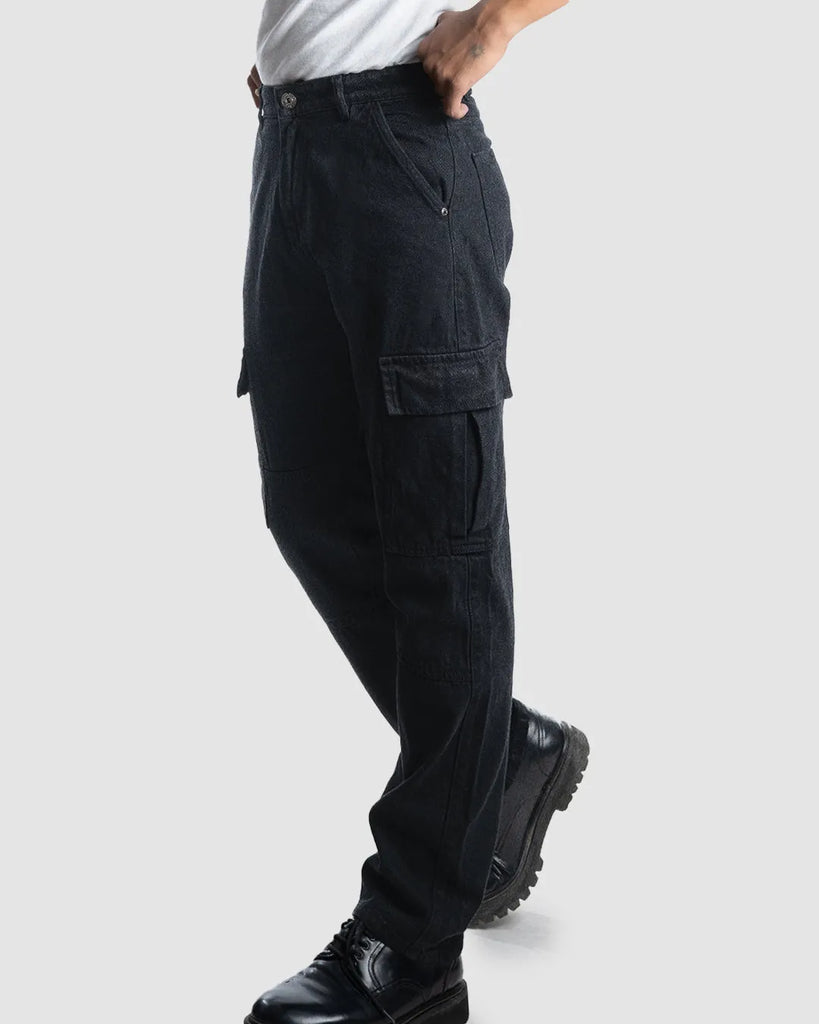 High-Rise Low Distress Black Cargo Jeans