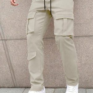 Solid Color Front Tie Pocket Simple Casual Straight Leg Cargo Pants In Light Grey