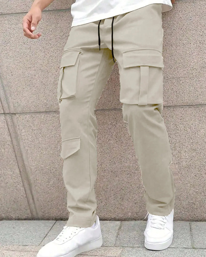 Solid Color Front Tie Pocket Simple Casual Straight Leg Cargo Pants In Light Grey
