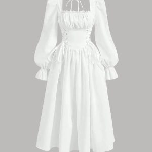Square Neck Flare Sleeve Lace Up Waist Ruched Bust Vintage Dress