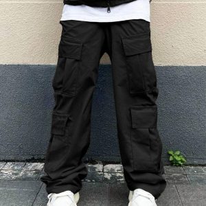Fashion Multi Pocket Casual Breathable Baggy Cargo Pants In Black