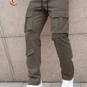 Solid Color Front Tie Pocket Simple Casual Straight Leg Cargo Pants