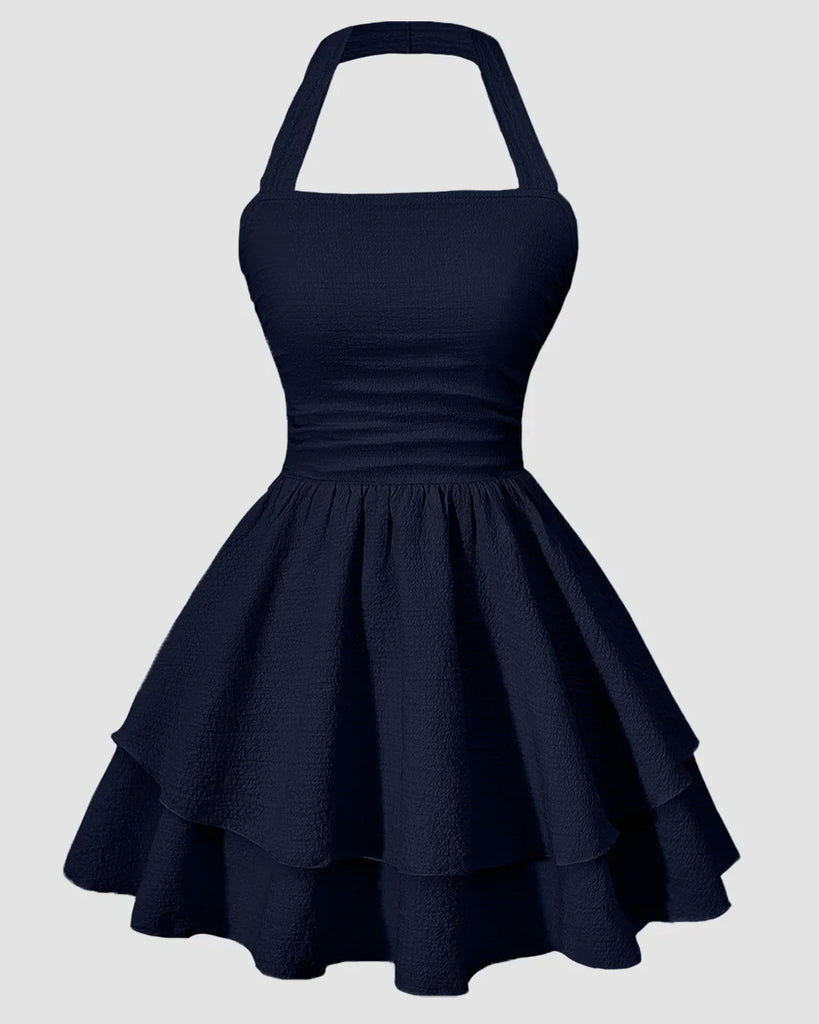 Halter Neck Ruched Waist Tiered Mini Dress in Navy Blue
