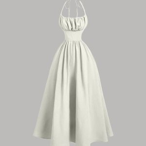 Back Tie Halter Neck Gathered Midi Dress in Cream