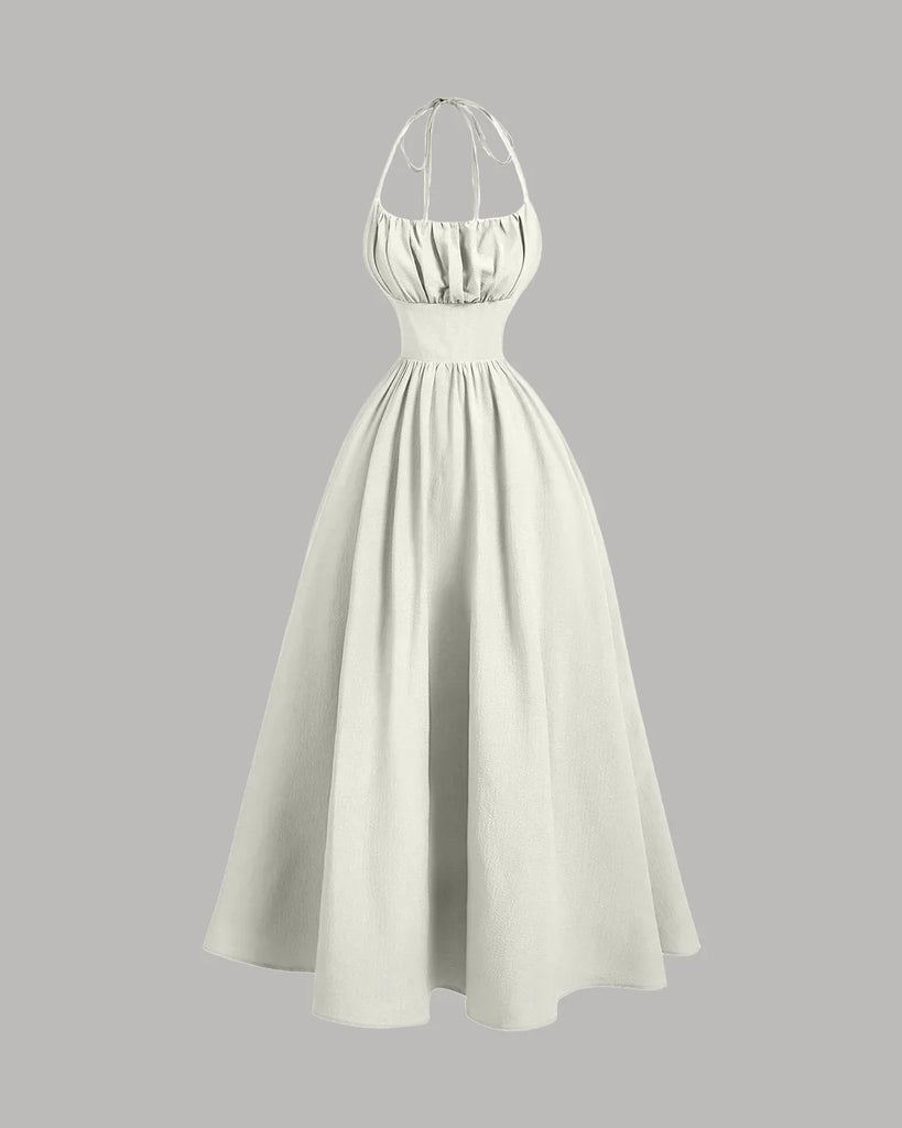 Back Tie Halter Neck Gathered Midi Dress in Cream