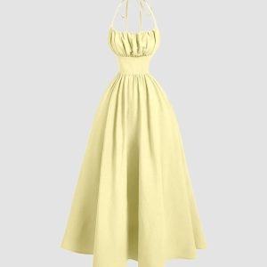 Back Tie Halter Neck Gathered Midi Dress in French Vanilla