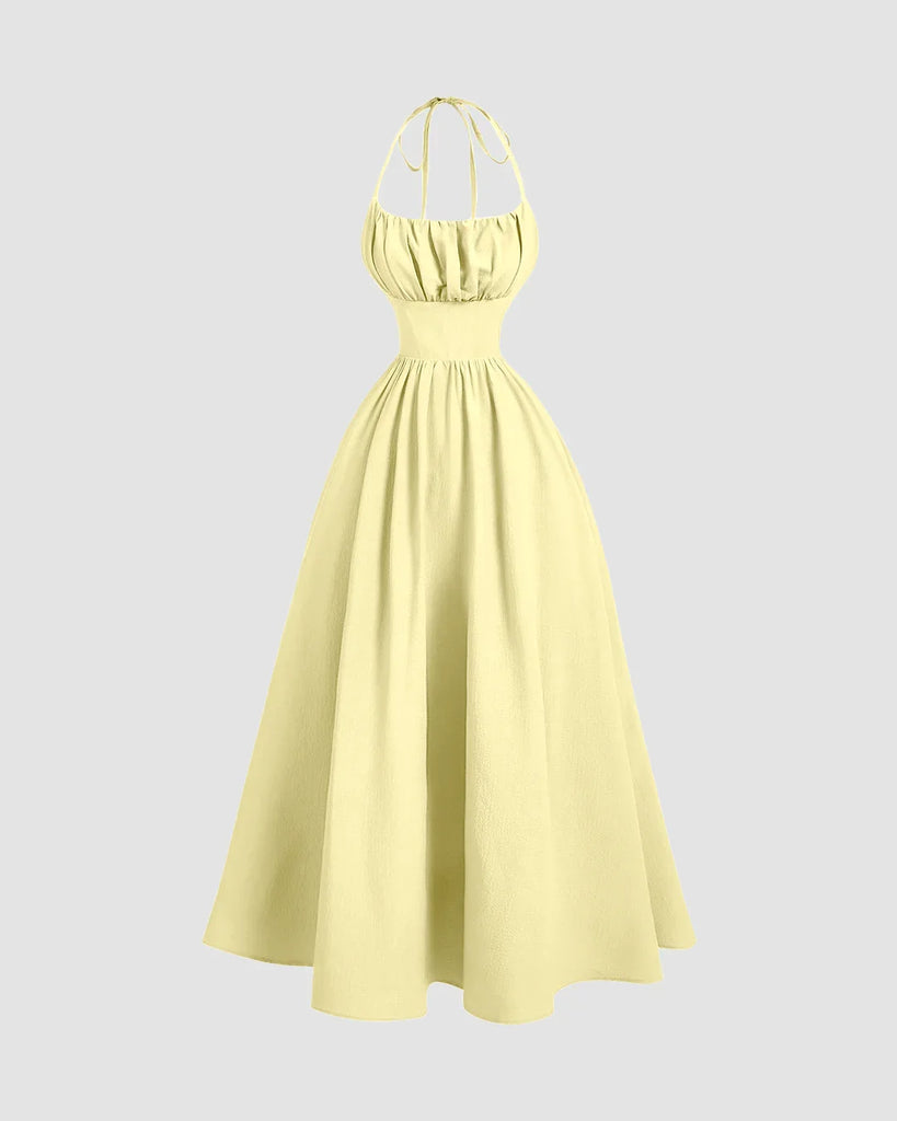 Back Tie Halter Neck Gathered Midi Dress in French Vanilla