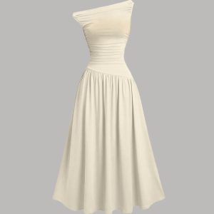 Beige Off-Shoulder Fit & Flare Midi Dress