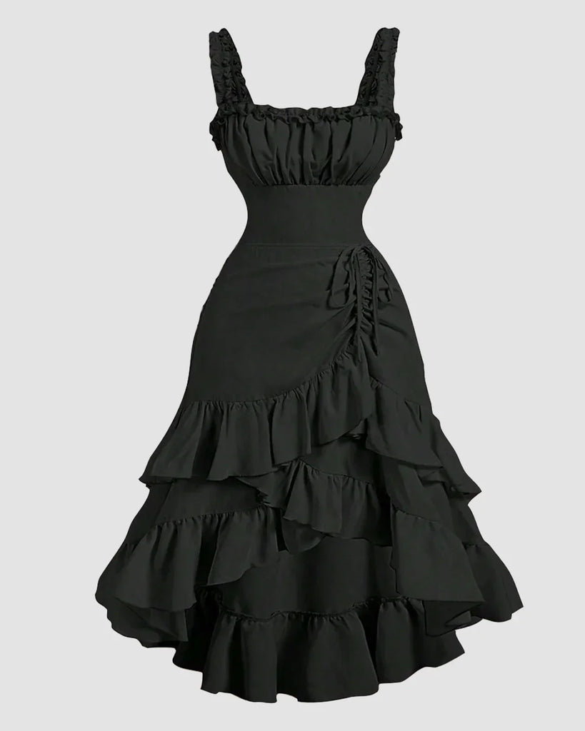 Black Ruched Square Neck Ruffle High-Low Midi Dress with Ruffle Hem