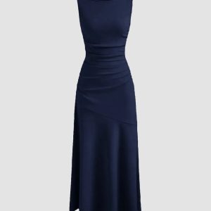 Boat Neck Solid Ruffle Ruched Dark Navy Maxi Dress