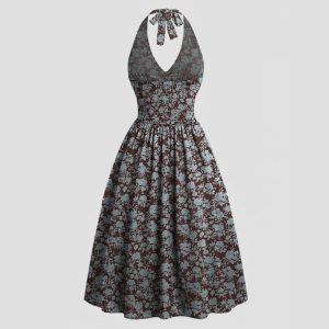 Floral Halter Neck Tie Back Midi Dress