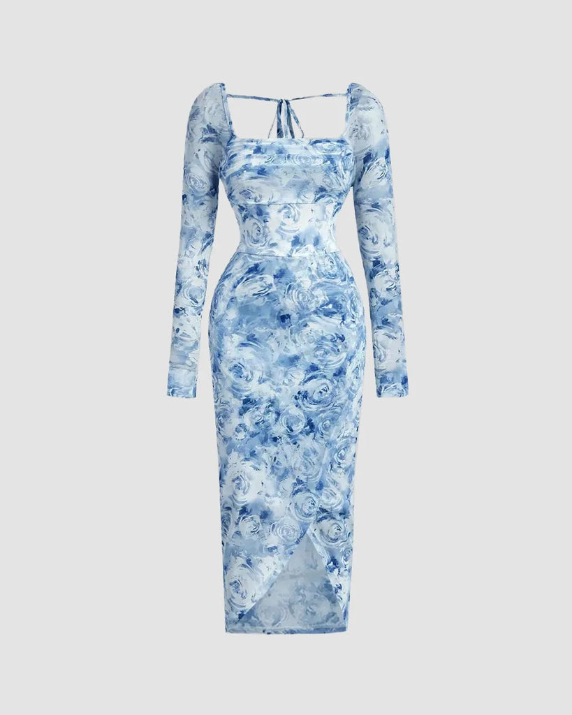 Floral Print Mesh Midi Dress With Tie Front Detail & Long Sleeves