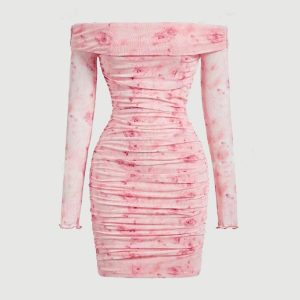 Floral Print Off Shoulder Ruched Mesh Bodycon Dress