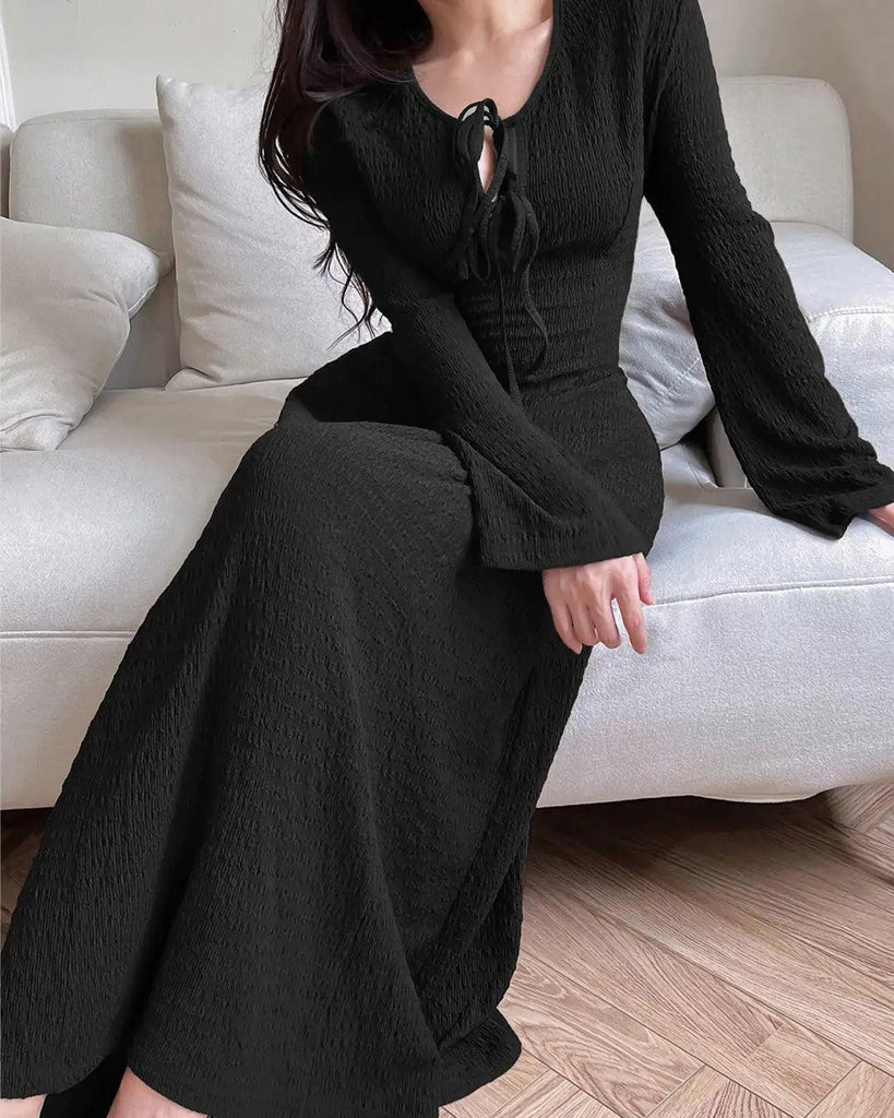 Solid Color Front Tie Long Sleeve Casual Long Dress In Black