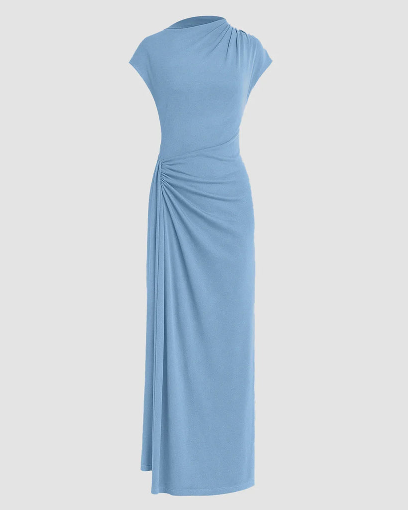 High Neck Solid Twist Ruched Split Maxi Dress In Powder Blue