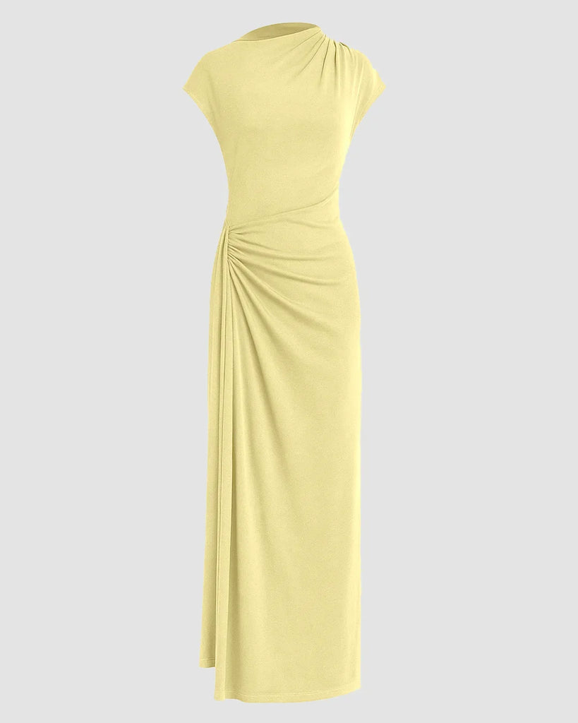 High Neck Solid Twist Ruched Split Maxi Dress In Vanilla