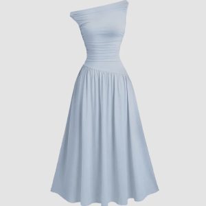 Ice Blue Off-Shoulder Fit & Flare Midi Dress