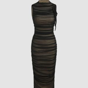 Sleeveless Mesh Midi Dress With Ruched High Neck
