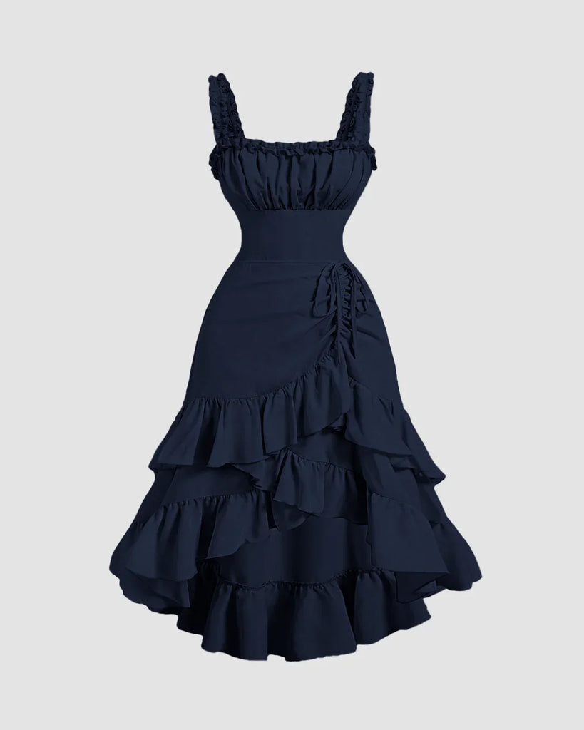 Navy Blue Ruched Square Neck Ruffle High-Low Midi Dress with Ruffle Hem