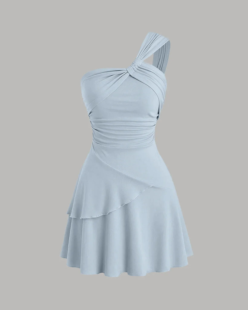 One Shoulder Ruched Layered Mini Dress in Ice Blue
