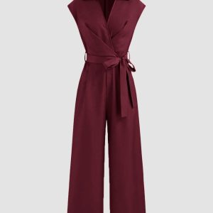 Plain Collar Jumpsuit With Pockets And Belt In Burgundy