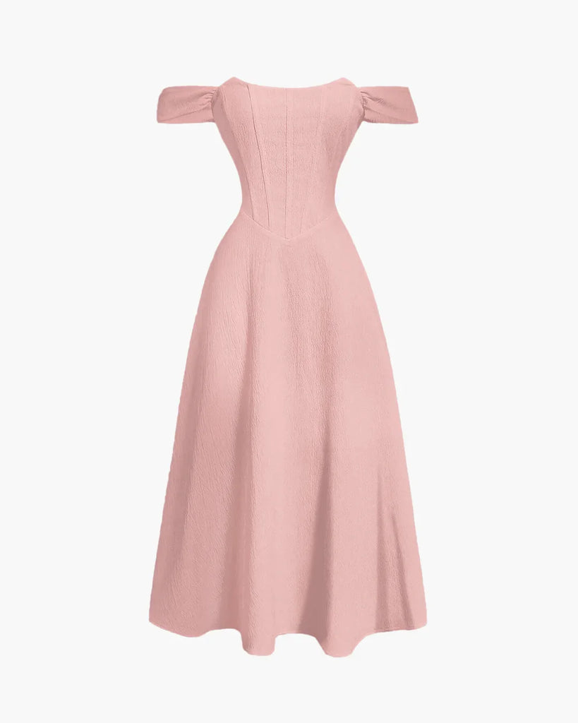 Powder Pink Faux Fishbone Design Romantic Off-Shoulder Dress