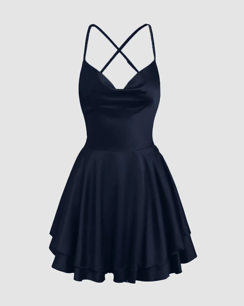 Solid Color Cowl Neck Cross Spaghetti Strap Backless Boho Dress In Navy Blue