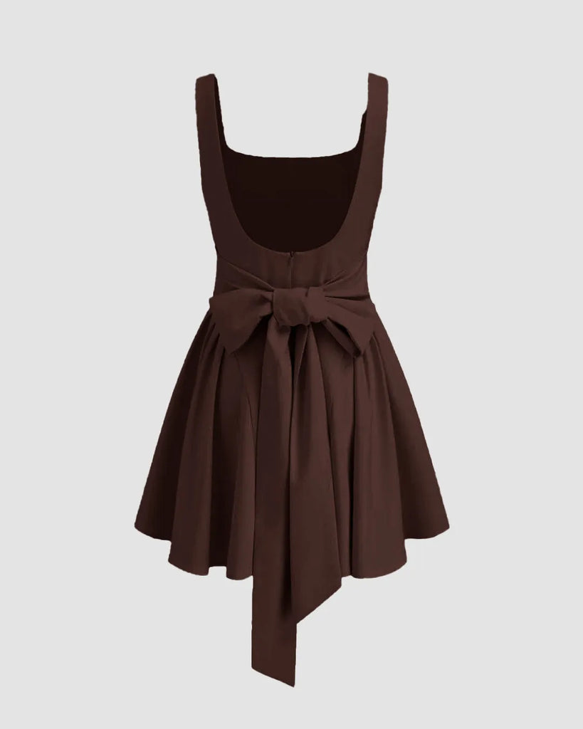 Square Neck Solid Ruffle Pleated Knotted Mini Dress In Dark Brown