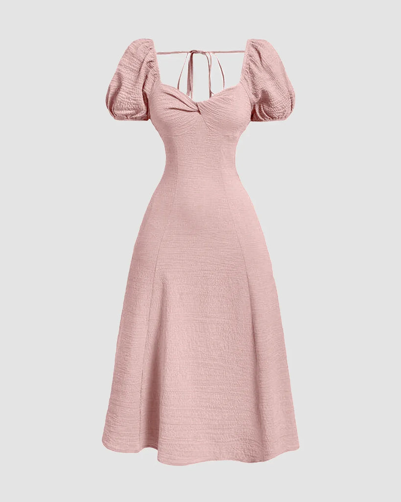 Summer Elegant Solid Color Puff Sleeve Cinch Waist Dress in Powder Pink