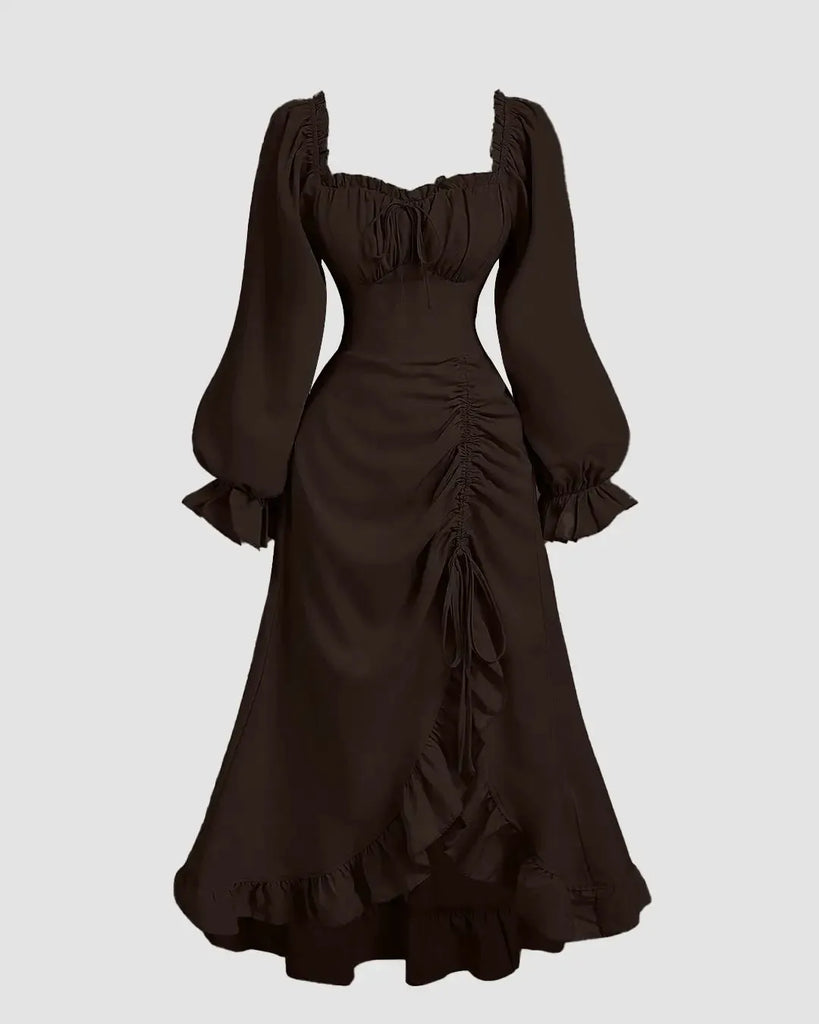 Vintage Square Collar Puff Sleeve Drawstring Ruffle Long Dress