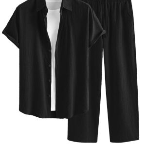 Two Piece Outfits Summer Comfortable Casual Short Sleeves Shirt And Pant In Black Without Tee