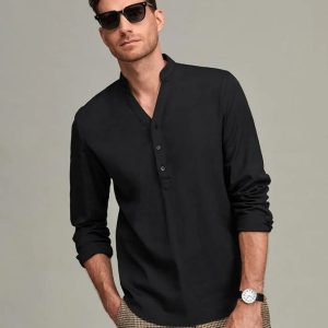 Solid Casual Style Half Button Black Shirt