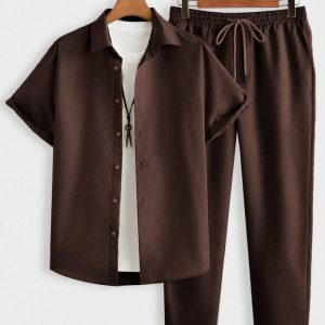 Vacation Solid Color Casual Shirt And Long Pants Set In Coco Brown