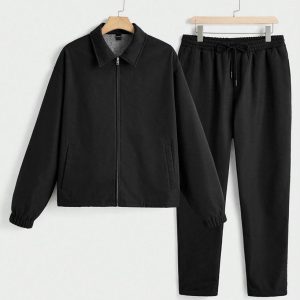 Stand Collar Long Sleeve Slim Fit Jacket And Pant In Black