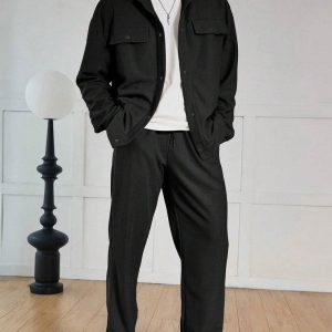 Waffle Texture Jacquard Shirt Set In Black