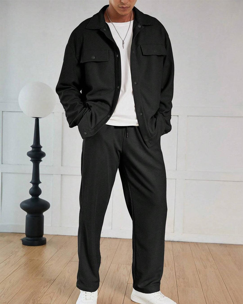 Waffle Texture Jacquard Shirt Set In Black